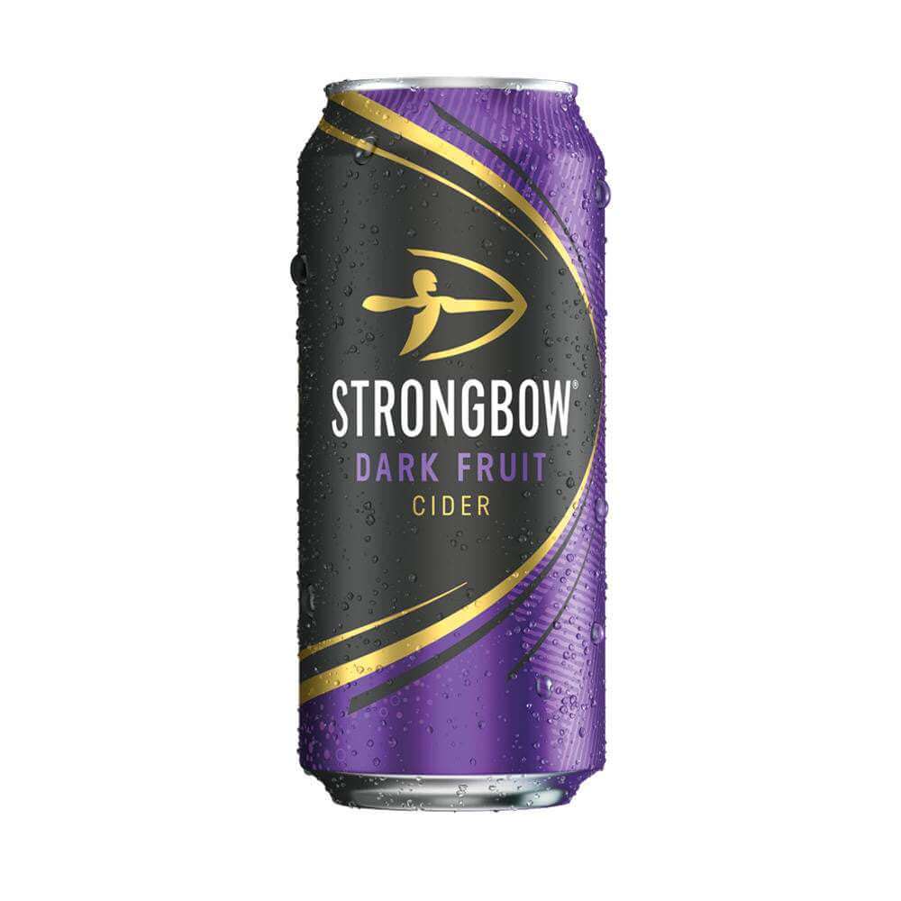 Strongbow Dark Fruit Cider can, 440ml pack of 24, blackcurrant and blackberry flavors.