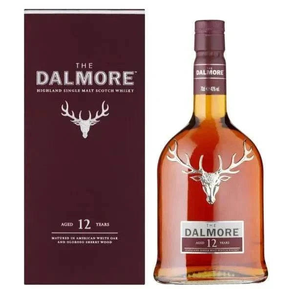 Dalmore 12 Year Whisky 70cl bottle and box with stag emblem.