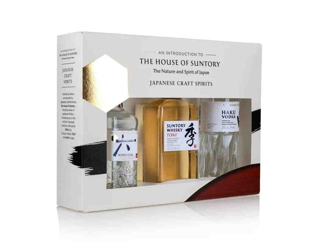 The House of Suntory Gift Set with Roku Gin, Suntory Whisky Toki, and Haku Vodka, 3 x 200ml Japanese spirits.