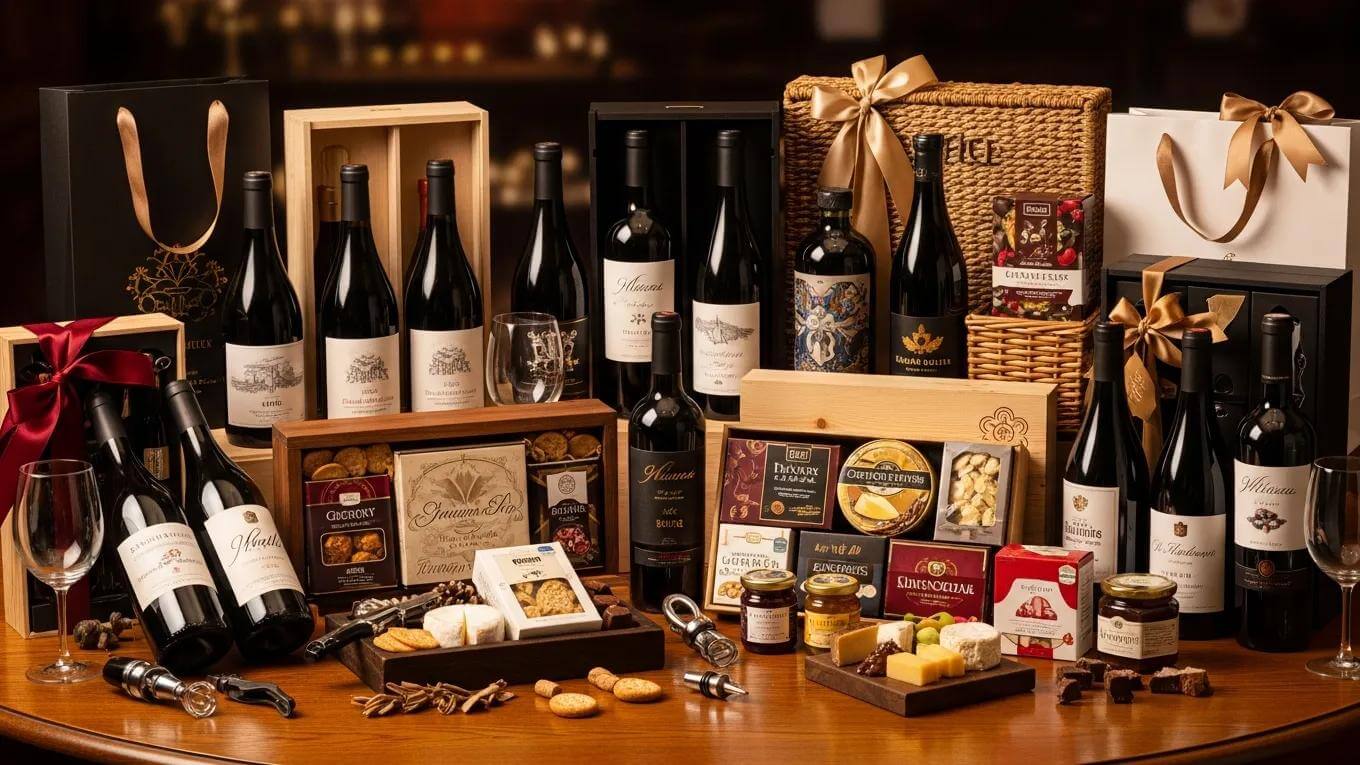 A selection of wine gift sets featuring elegant bottles and gourmet treats, perfect for gifting occasions
