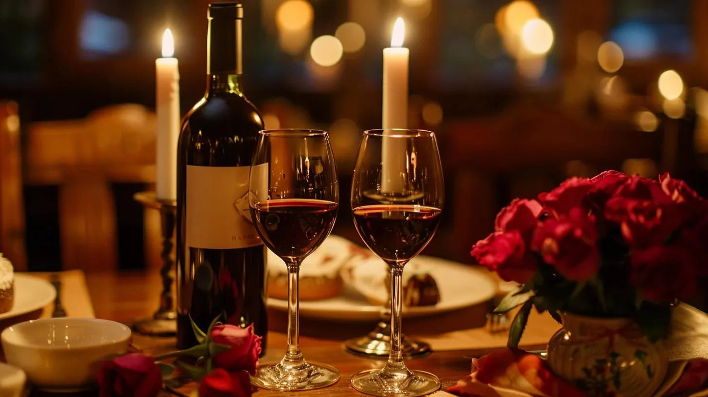 Elegant table setting with premium red wine and glasses for anniversary celebration