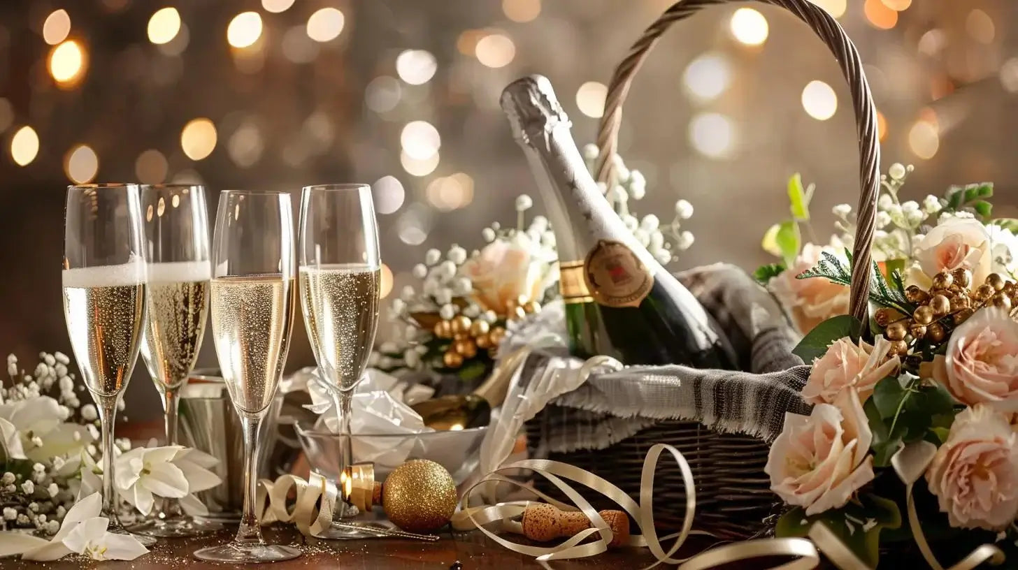 Luxurious champagne gift basket with premium bottles and elegant decorations