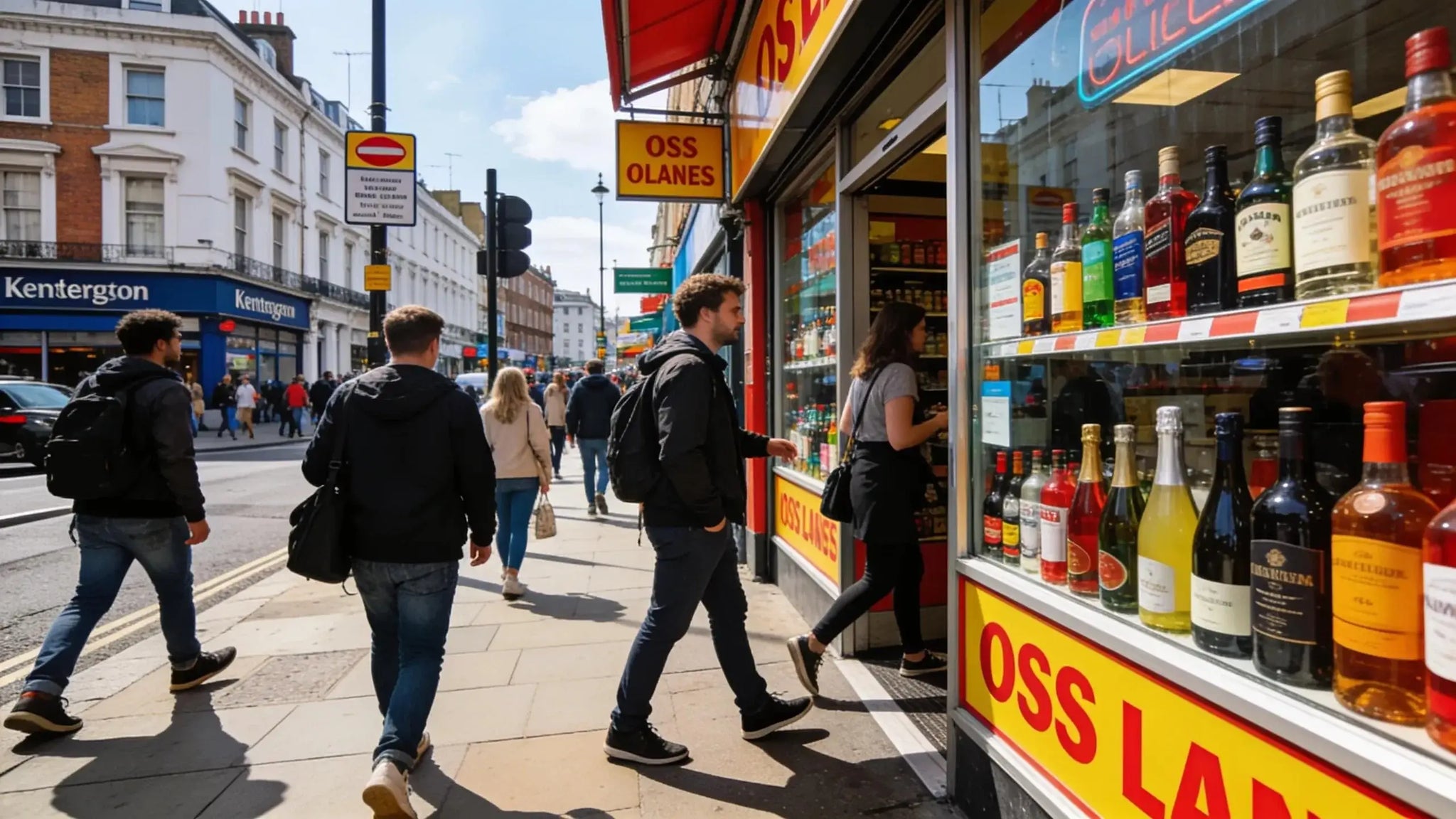 An off-license store in London, bustling with customers and showcasing a variety of alcoholic beverages