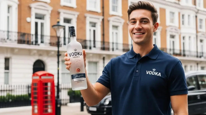 Delivery person with vodka bottle in front of a London apartment, representing fast vodka delivery service