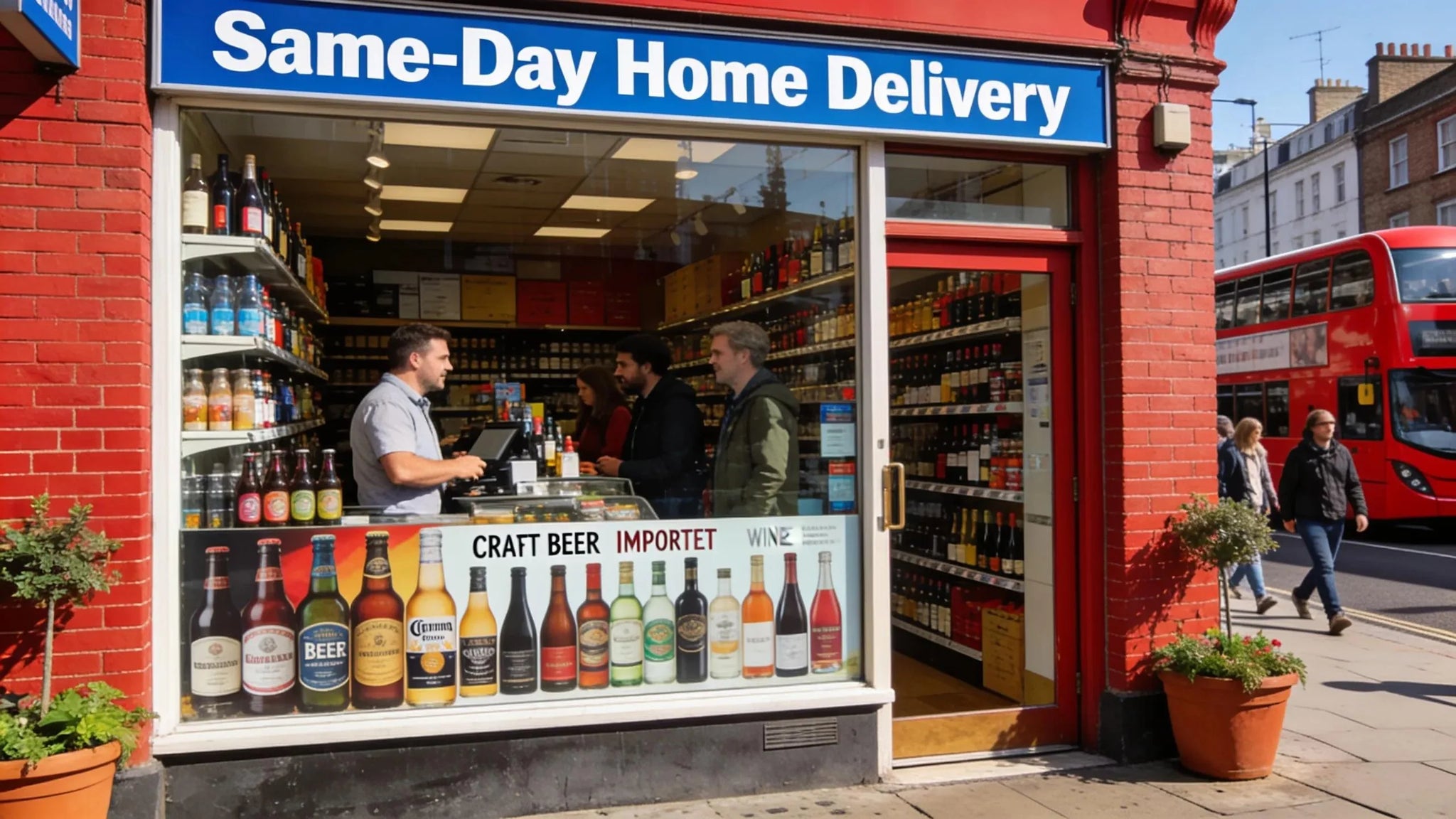 Colorful off license store in London filled with diverse alcoholic beverages showcasing fast delivery services