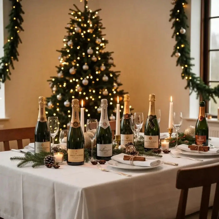 Festive Christmas table with champagne bottles and holiday decorations
