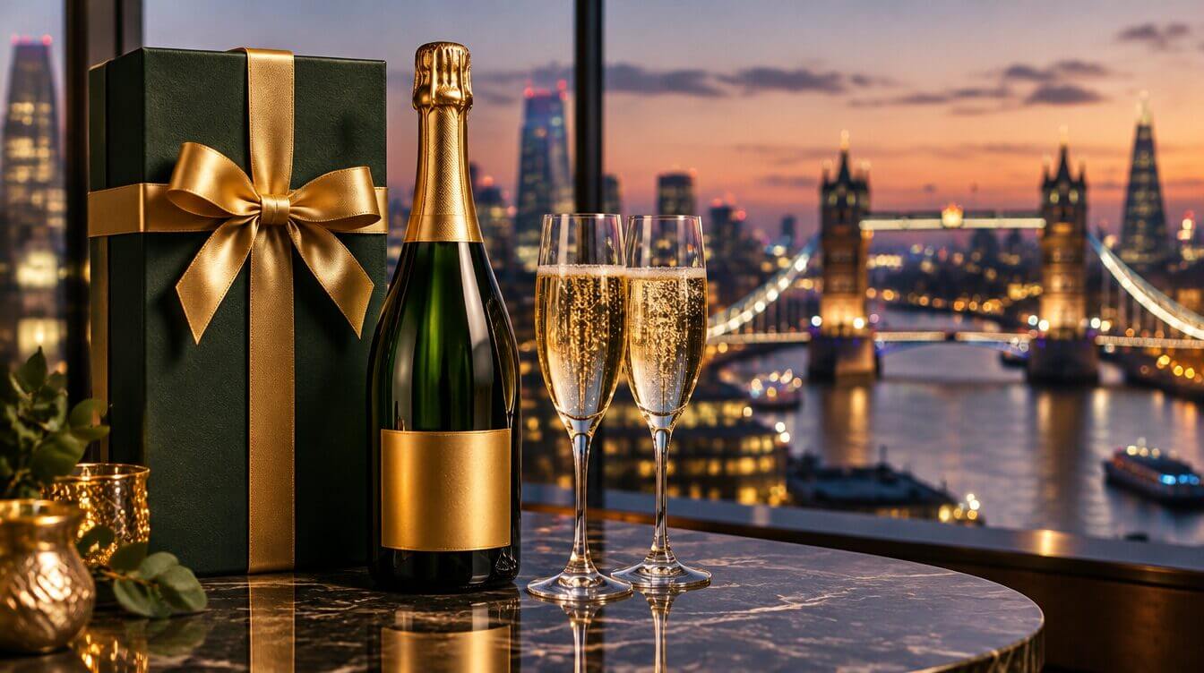 Champagne gift box and flutes for a London party celebration