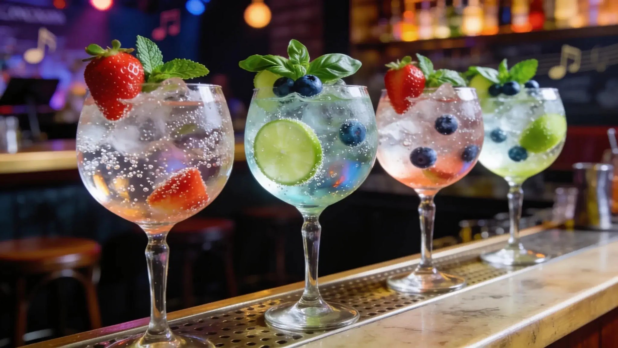 Variety of vibrant flavored vodka sodas with fruits and herbs in a lively London bar setting
