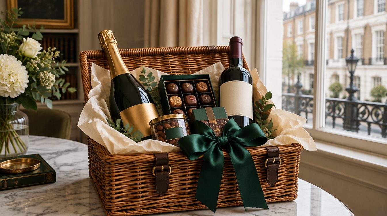 Housewarming gift hamper with champagne, red wine and chocolates in a London home