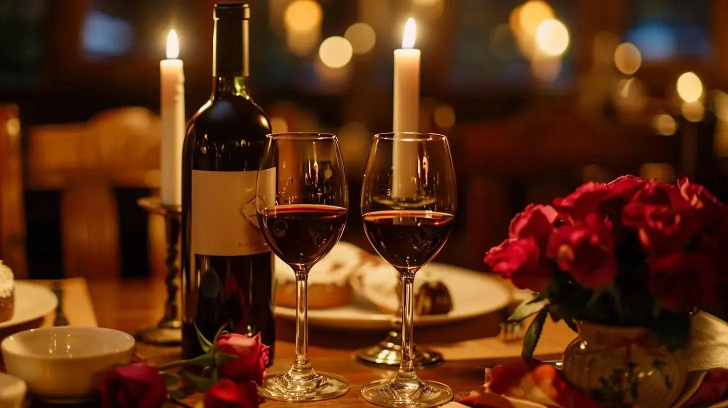 Elegant table setting with premium red wine and glasses for anniversary celebration