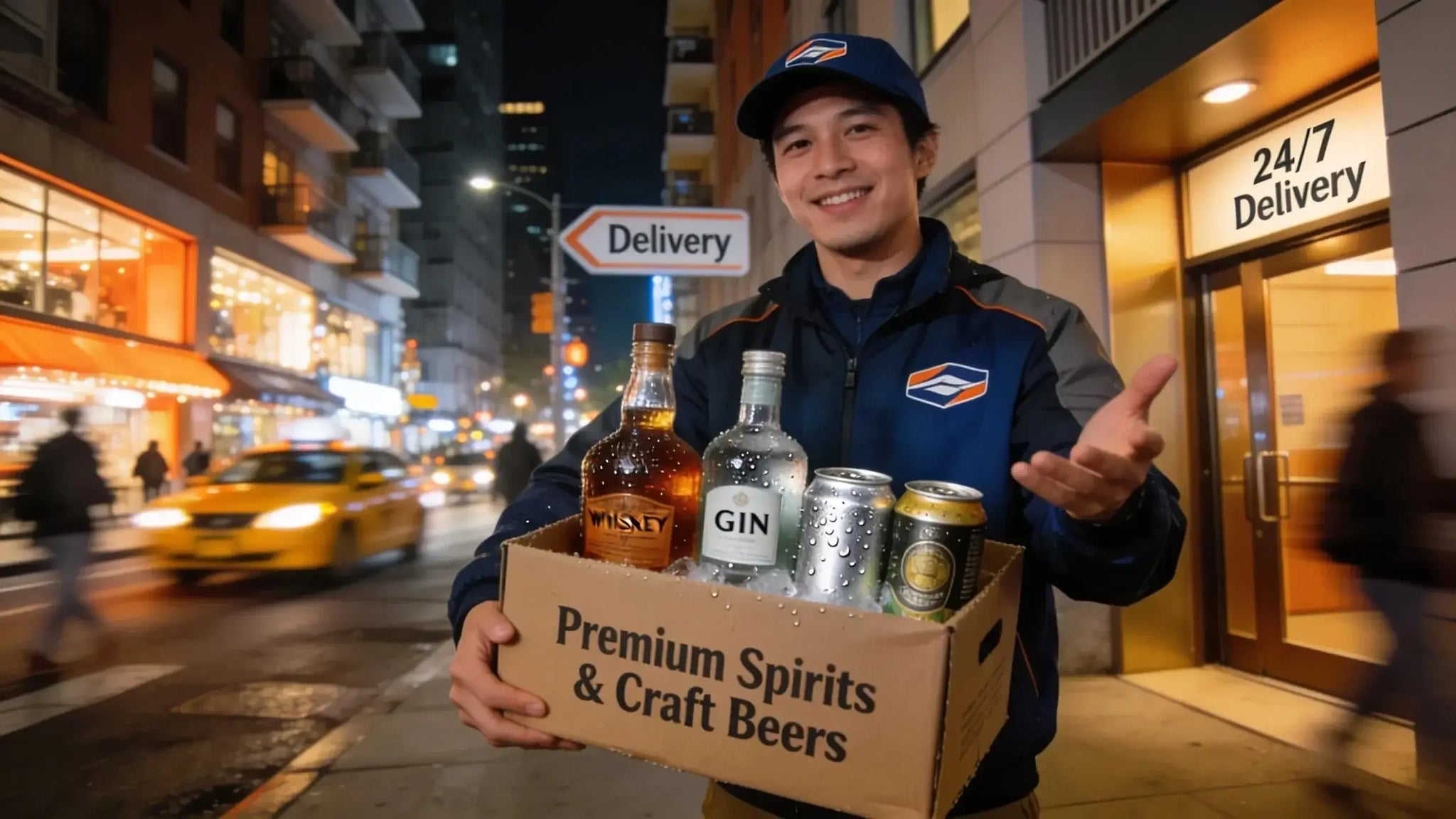 Lifestyle image showcasing a late-night alcohol delivery service with assorted beverages