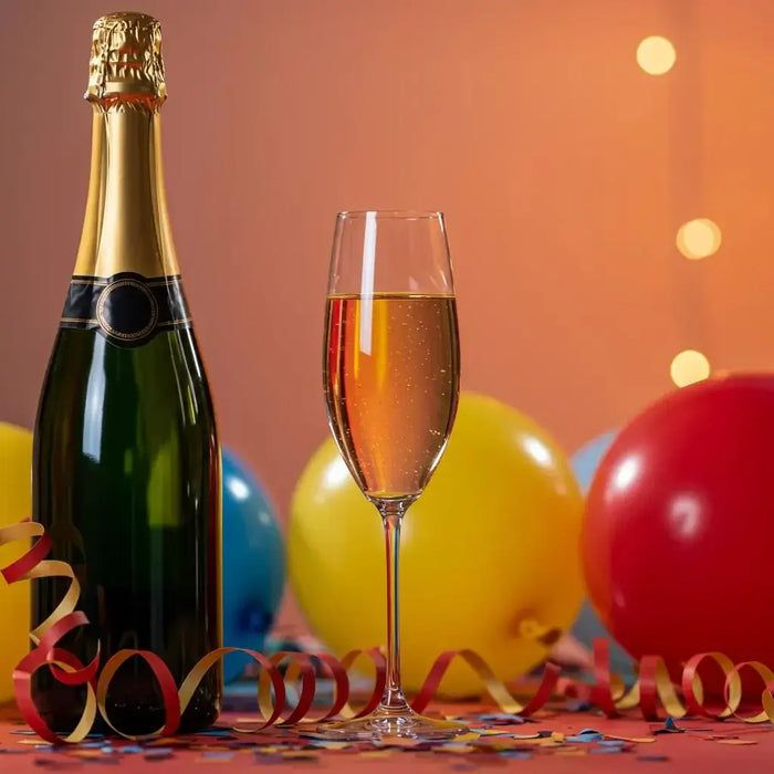 Elegant champagne bottle and glass with festive decorations, symbolizing celebration and gifting