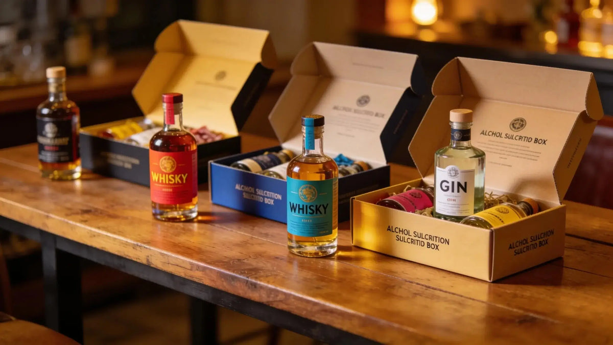 Colorful selection of alcohol subscription boxes featuring whisky and gin in an inviting setting