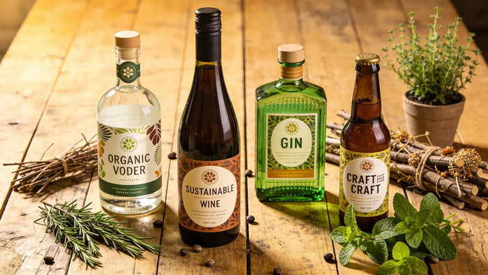 Selection of eco-friendly alcoholic beverages including organic vodka, sustainable wine, and green gin on a rustic wooden table