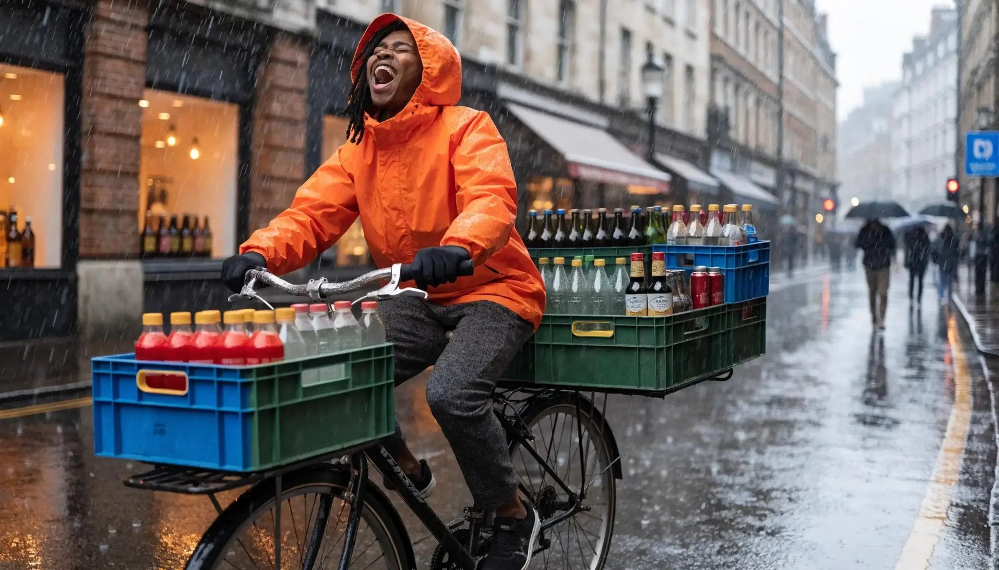 Same-day alcohol delivery in London with a delivery person amidst iconic London scenery