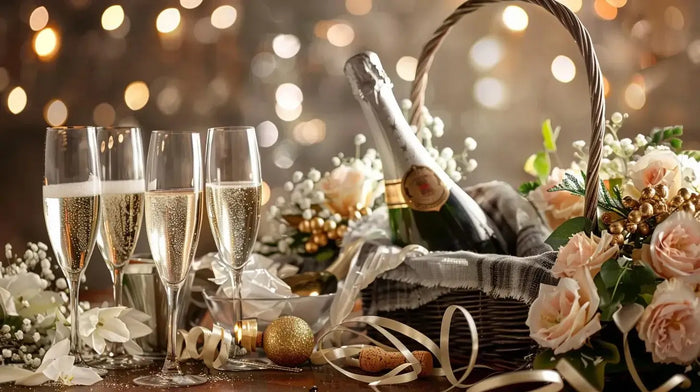 Luxurious champagne gift basket with premium bottles and elegant decorations