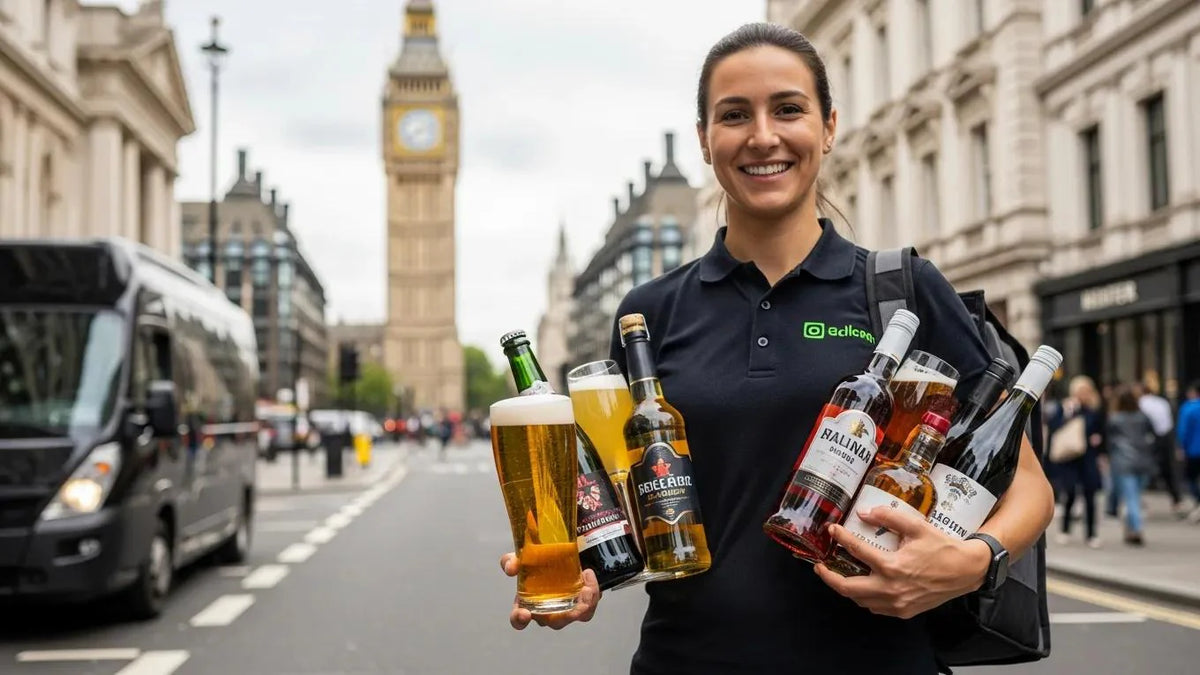 Delivery person with alcoholic beverages in a busy London street, representing fast alcohol delivery service