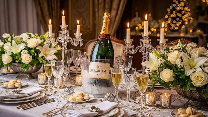 Luxurious magnum champagne bottle on an elegantly set table for celebrations