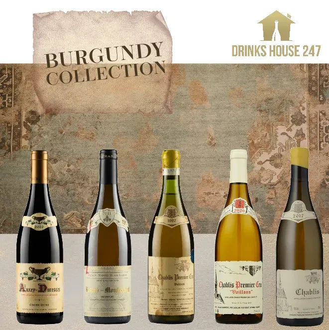 Burgundy wine collection featuring five bottles with unique labels.