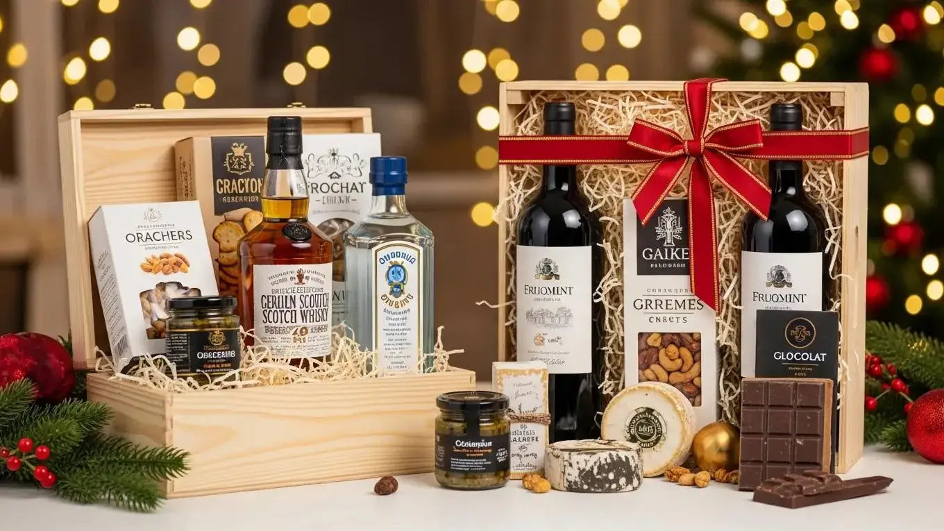 Luxury alcohol gift hamper with premium spirits and gourmet snacks for Christmas gifting