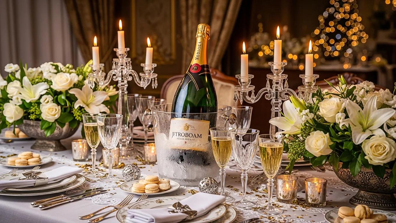 Luxurious magnum champagne bottle on an elegantly set table for celebrations