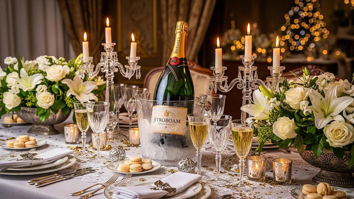 Luxurious magnum champagne bottle on an elegantly set table for celebrations