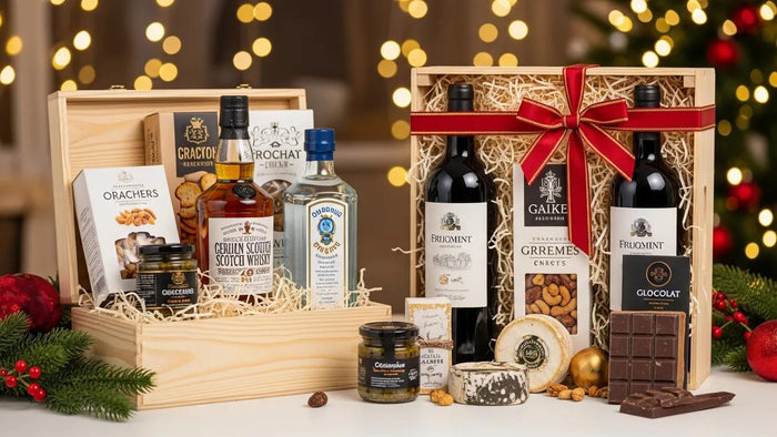 Luxury alcohol gift hamper with premium spirits and gourmet snacks for Christmas gifting