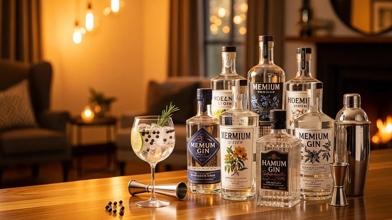 Premium gin bottles and a refreshing cocktail in a stylish home bar setting