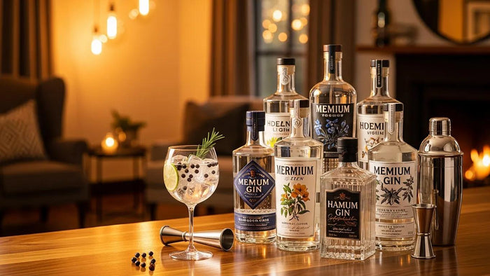 Premium gin bottles and a refreshing cocktail in a stylish home bar setting