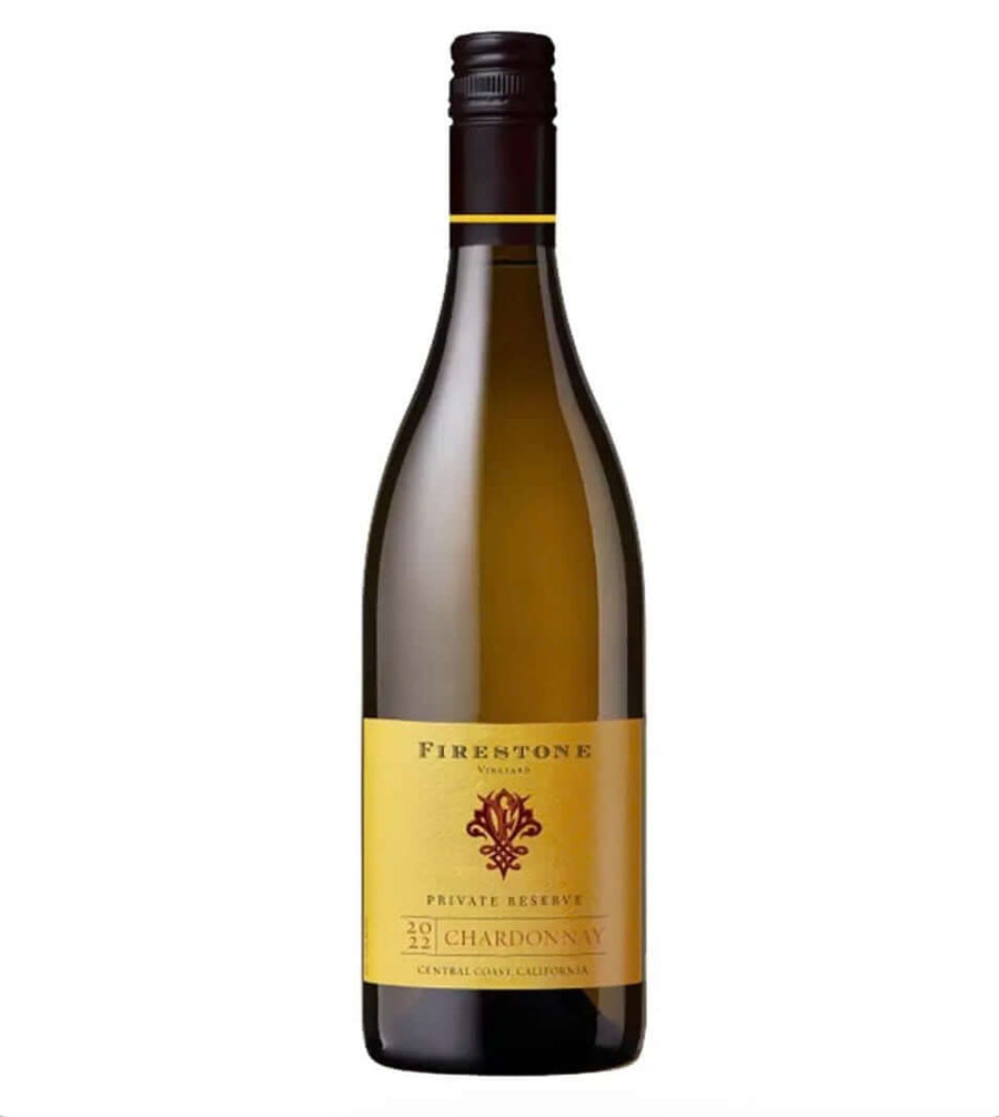 Bottle of Firestone Vineyard Private Reserve Chardonnay 2022 75cl from Santa Barbara County, pale yellow label with a black screw cap