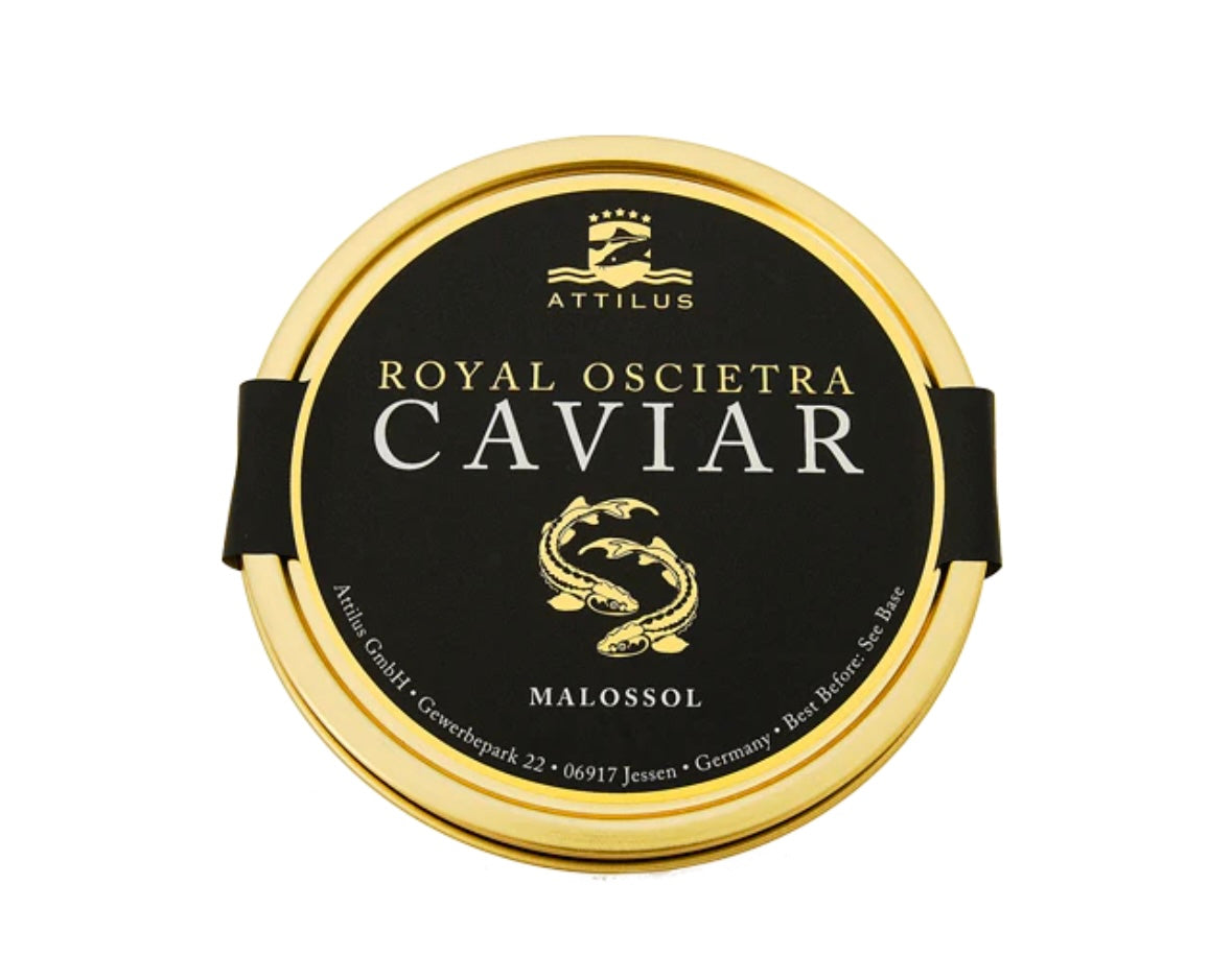 Royal Oscietra Caviar container with gold and black design on a white background