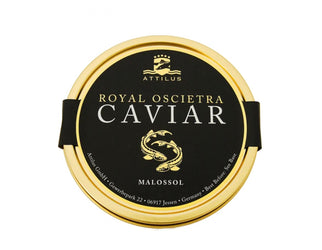 Royal Oscietra Caviar container with gold and black design on a white background