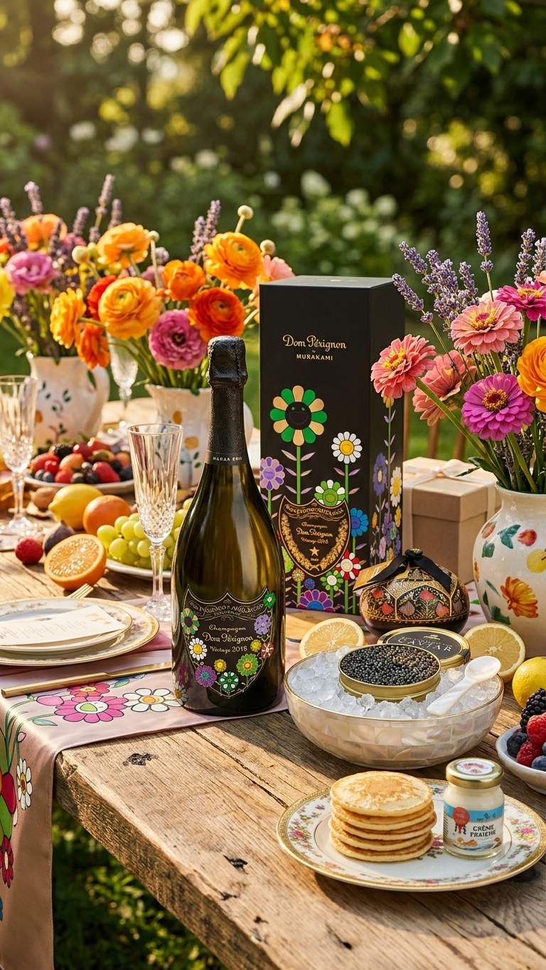 A styled outdoor table scene with a dark illustrated champagne bottle, a black branded box, flowers, fruit, plates, and a bowl of caviar in a garden setting. The bottle and box show floral artwork and the brand name appears to read Dan Beljogan.