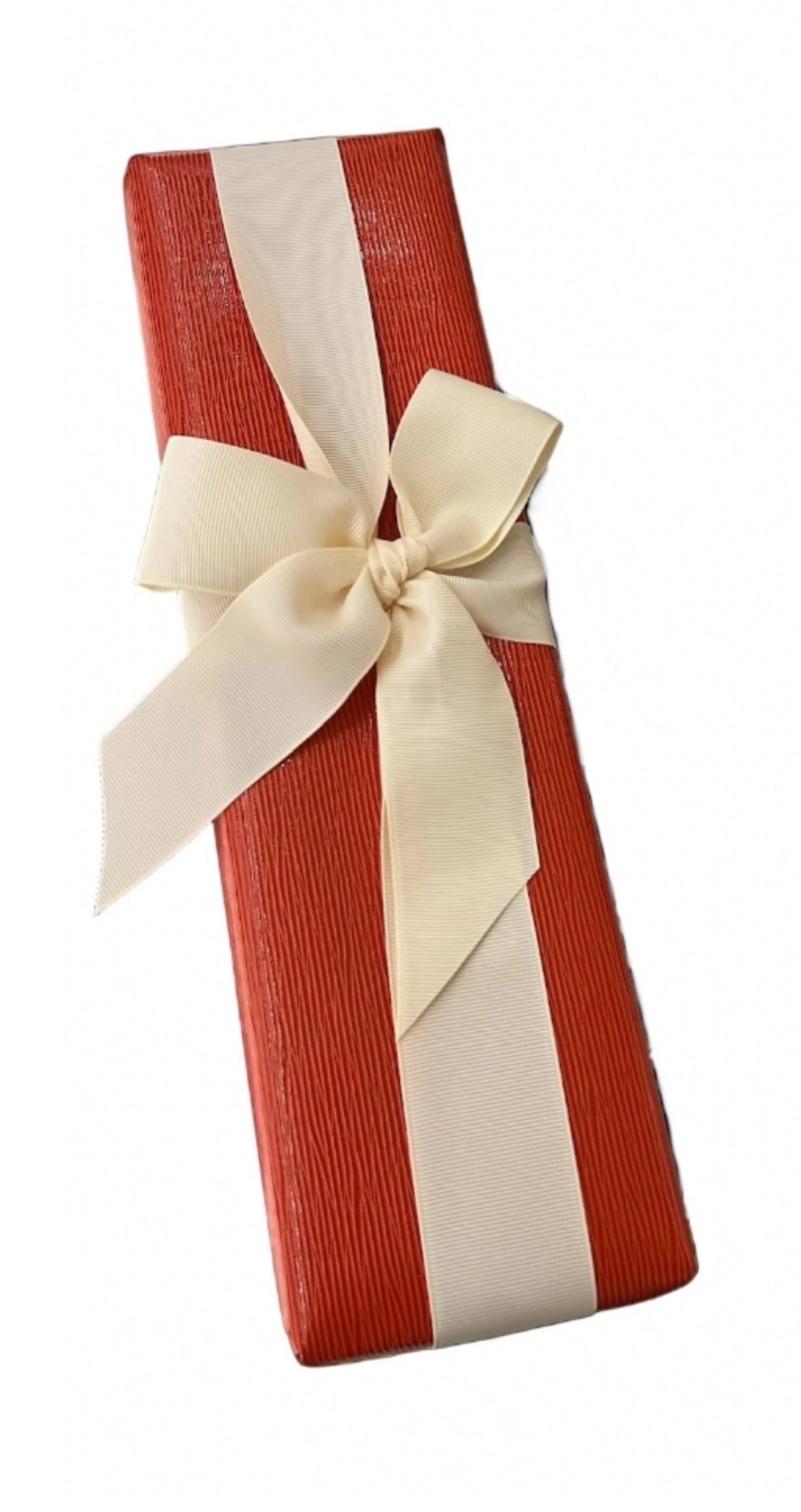 Red and white striped gift box with a cream ribbon on a white background