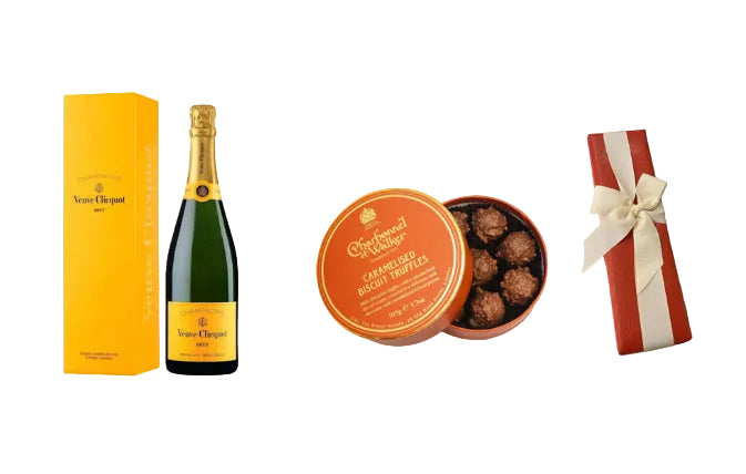 Collage of a bottle of Veuve Clicquot champagne, a chocolate truffles box, and a gift box with a bow.