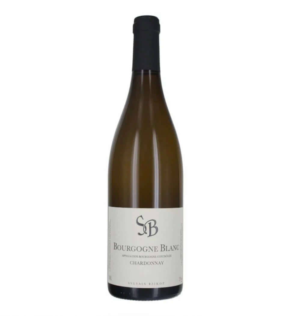 Bottle of Sylvain Bzikot Bourgogne Chardonnay 75cl, white Burgundy with an off-white label and black foil capsule