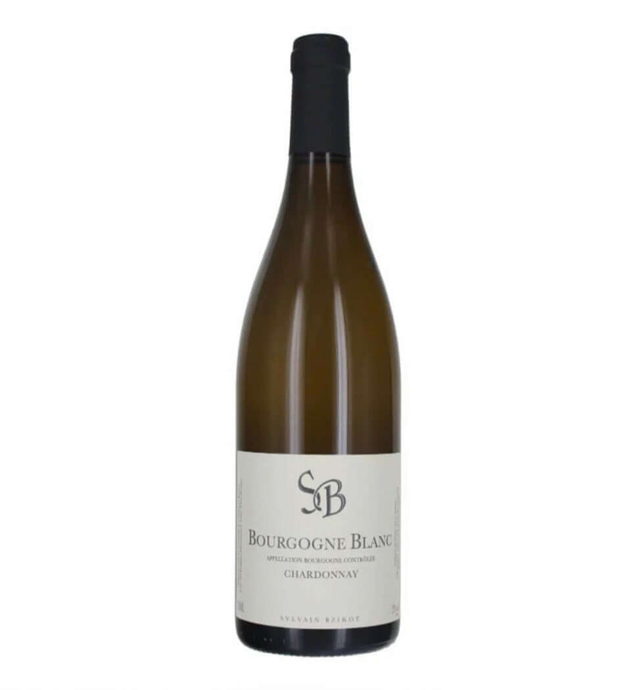 Bottle of Sylvain Bzikot Bourgogne Chardonnay 75cl, white Burgundy with an off-white label and black foil capsule