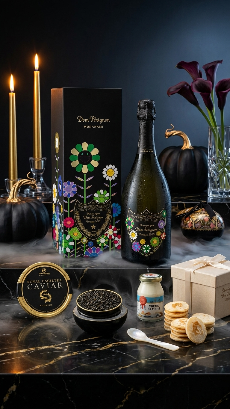 A luxury gourmet gift set arranged on a dark marble surface against a dark background. The set includes a bottle of Dom Pérignon Champagne, its floral illustrated box, a tin of caviar, a small jar, cookies, a spoon, and a gift box, surrounded by decorative props like lit candles, black pumpkins, and calla lilies.