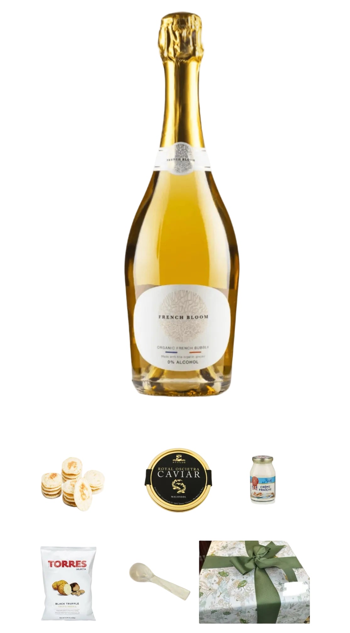 Bottle of white wine with a small image of food items below on a white background