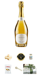 Bottle of white wine with a small image of food items below on a white background