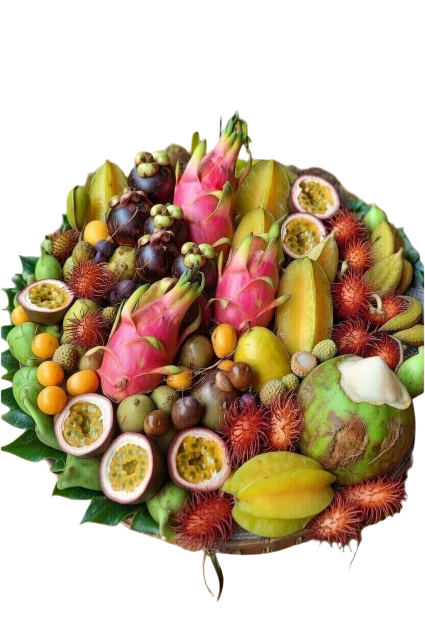 Exotic Fruits arranged on green leaves featuring whole and sliced dragon fruits (red and yellow), mangosteens, passion fruits (purple and golden), rambutans, lychees, longans, figs, starfruits, kumquats, berries, and a fresh young Thai coconut, showcasing a colorful mix of reds, pinks, yellows, greens, and purples