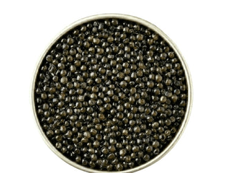 Close-up of black caviar in a metal container on a white background