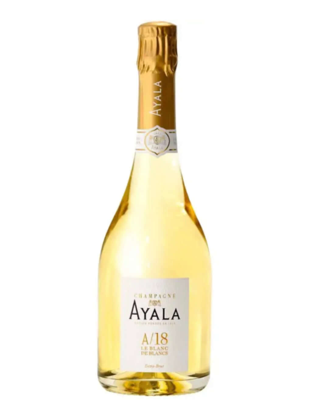Pale golden bottle of Ayala A/18 Le Blanc de Blancs Champagne with a luxurious gold foil capsule and neck label. The main body label features elegant white and gold typography reading 