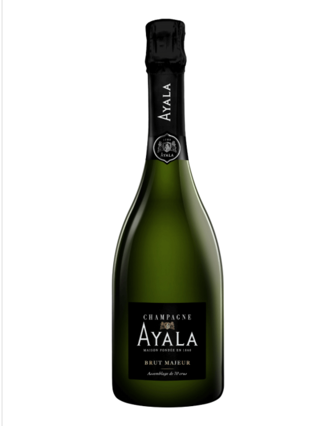 Green glass bottle of Ayala Brut Majeur Champagne with black foil capsule and neck label, black label on the body reading 