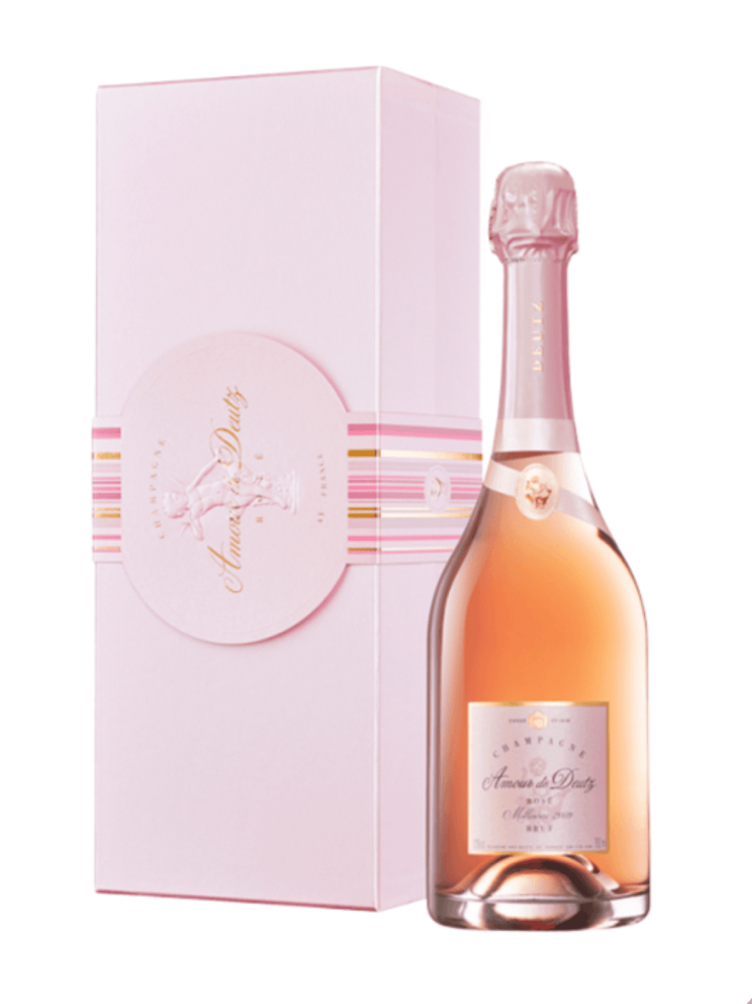 Bottle of pink champagne with matching box on a white background