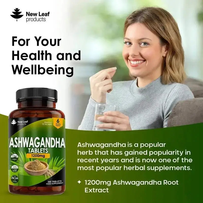 Ashwagandha Tablets bottle with woman smiling, promoting health and wellbeing.