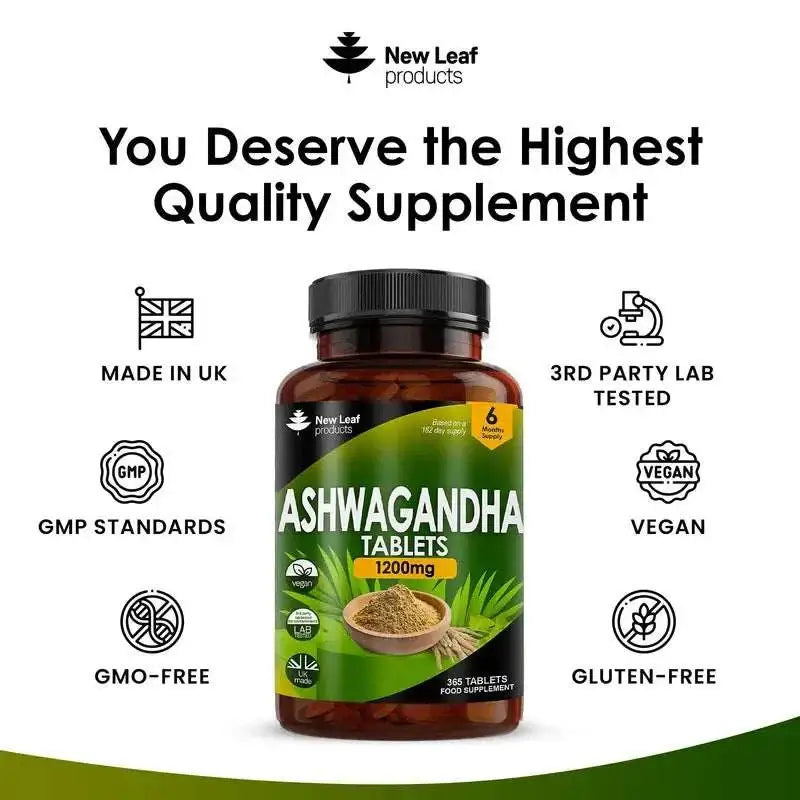 Ashwagandha Tablets bottle by New Leaf Products, featuring 1200mg dose, vegan and gluten-free, made in UK, with GMP standards and third-party lab testing.