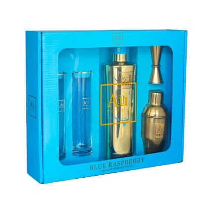 Au Vodka Blue Raspberry gift pack with gold bottle and accessories in a blue box.