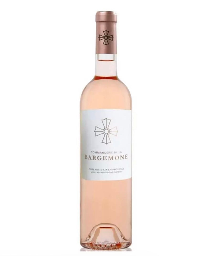 A bottle of BargeMone rosé wine with a pale pink liquid, a white label with a minimalist cross logo, and a metallic rose gold foil capsule on a white background.