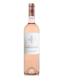 A bottle of BargeMone rosé wine with a pale pink liquid, a white label with a minimalist cross logo, and a metallic rose gold foil capsule on a white background.